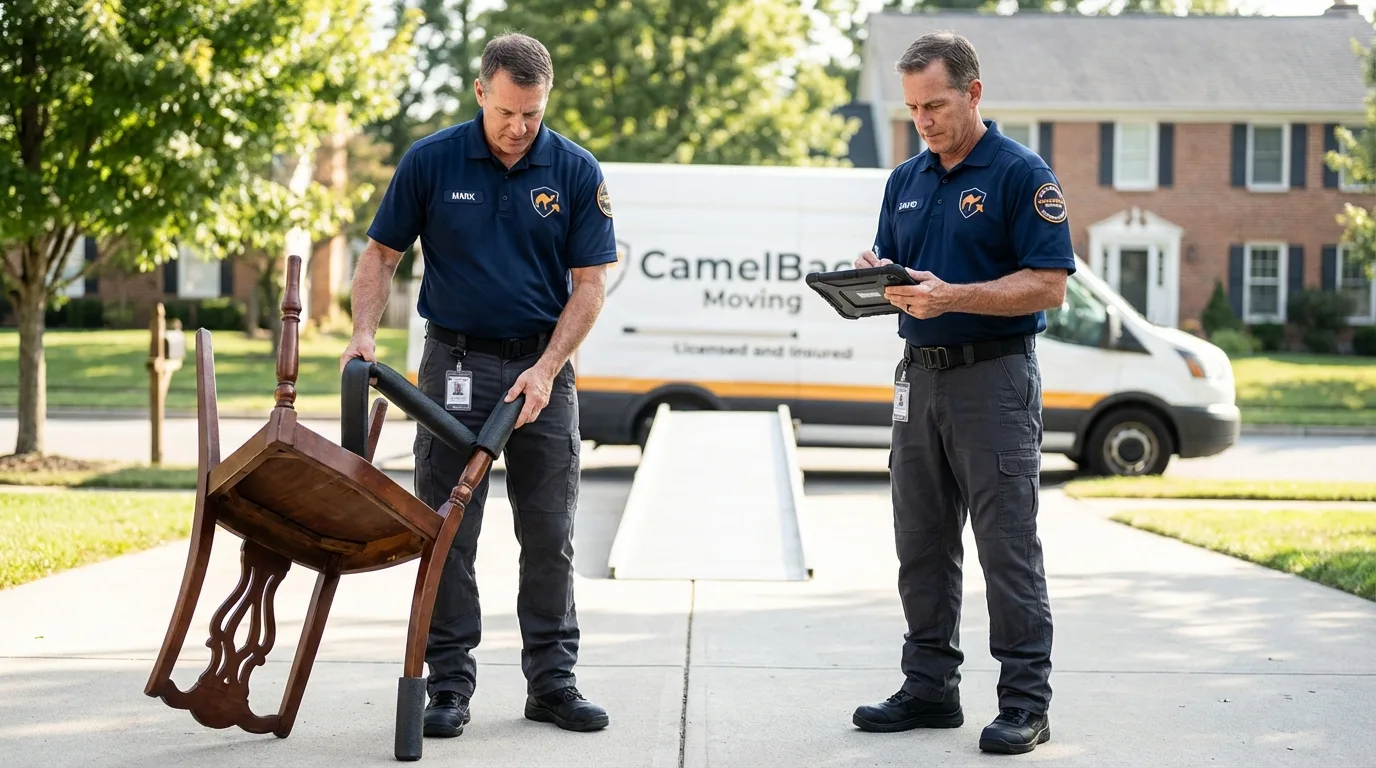 Movers inspecting furniture for damage prevention before loading in Tyrone, GA